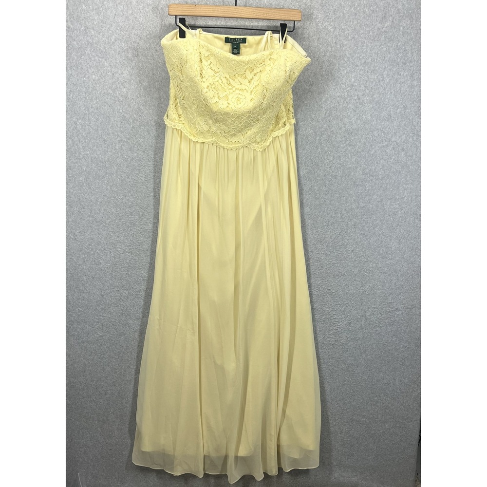 Lauren Ralph Lauren Evening Gown Womens 12 Yellow Lace Strapless Chiffon READ
